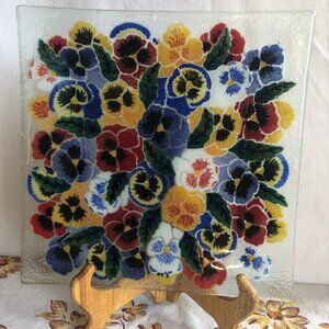 Fused Glass Peggy Karr Square Pansy Plate